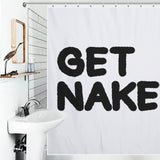 A bathroom with a white sink, a wooden mirror, and a Funny Letters Black and White Get Naked Shower Curtain-Cottoncat with the bold text: 'GET NAKED'.