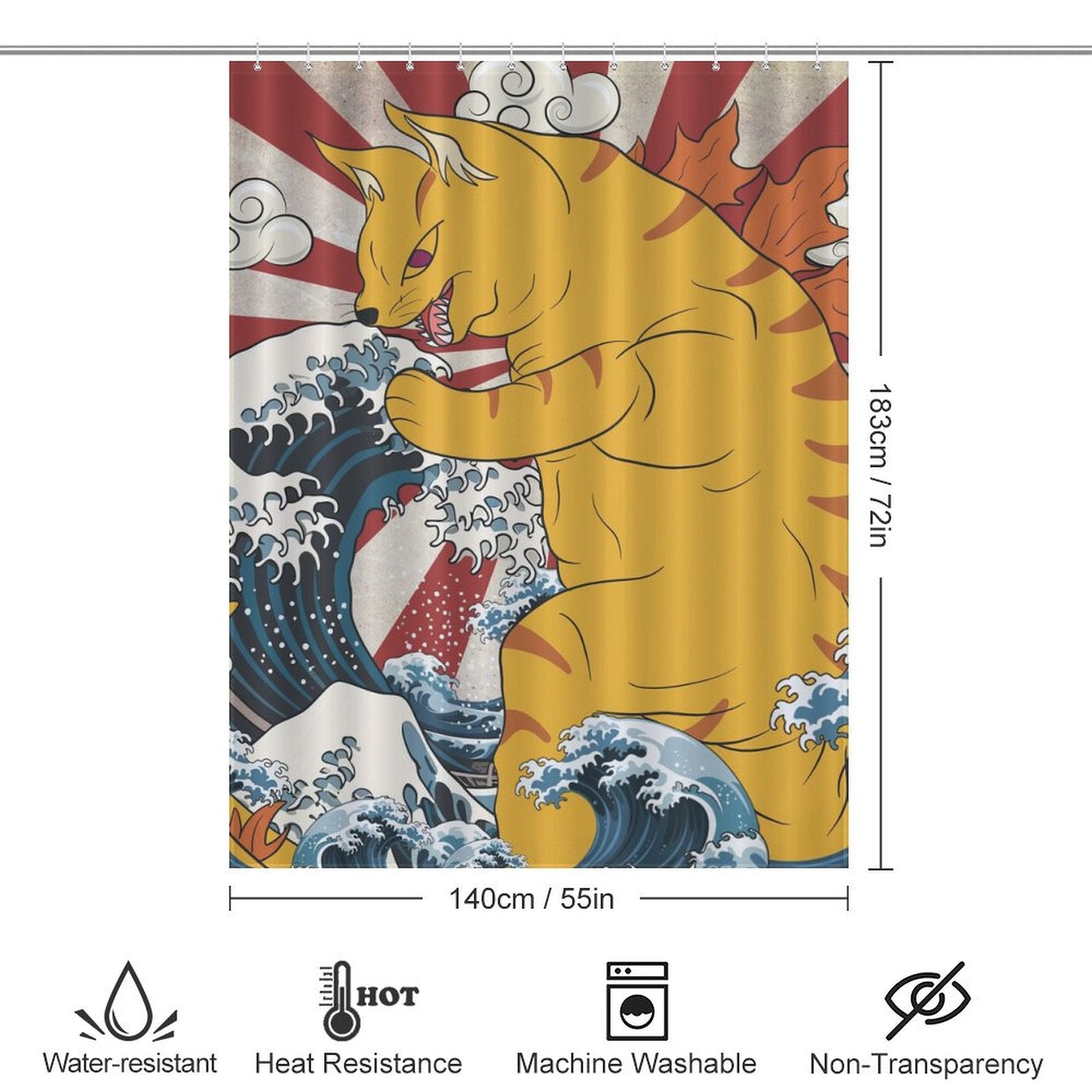 A whimsical bathroom decor piece, the Funny Wave Monster Cat Shower Curtain-Cottoncat by Cotton Cat showcases a fierce cartoon-like creature amidst crashing waves and sun rays. Measuring 183cm x 140cm (72in x 55in), it's waterproof, mildew-resistant, heat resistant, machine washable, and non-transparent.