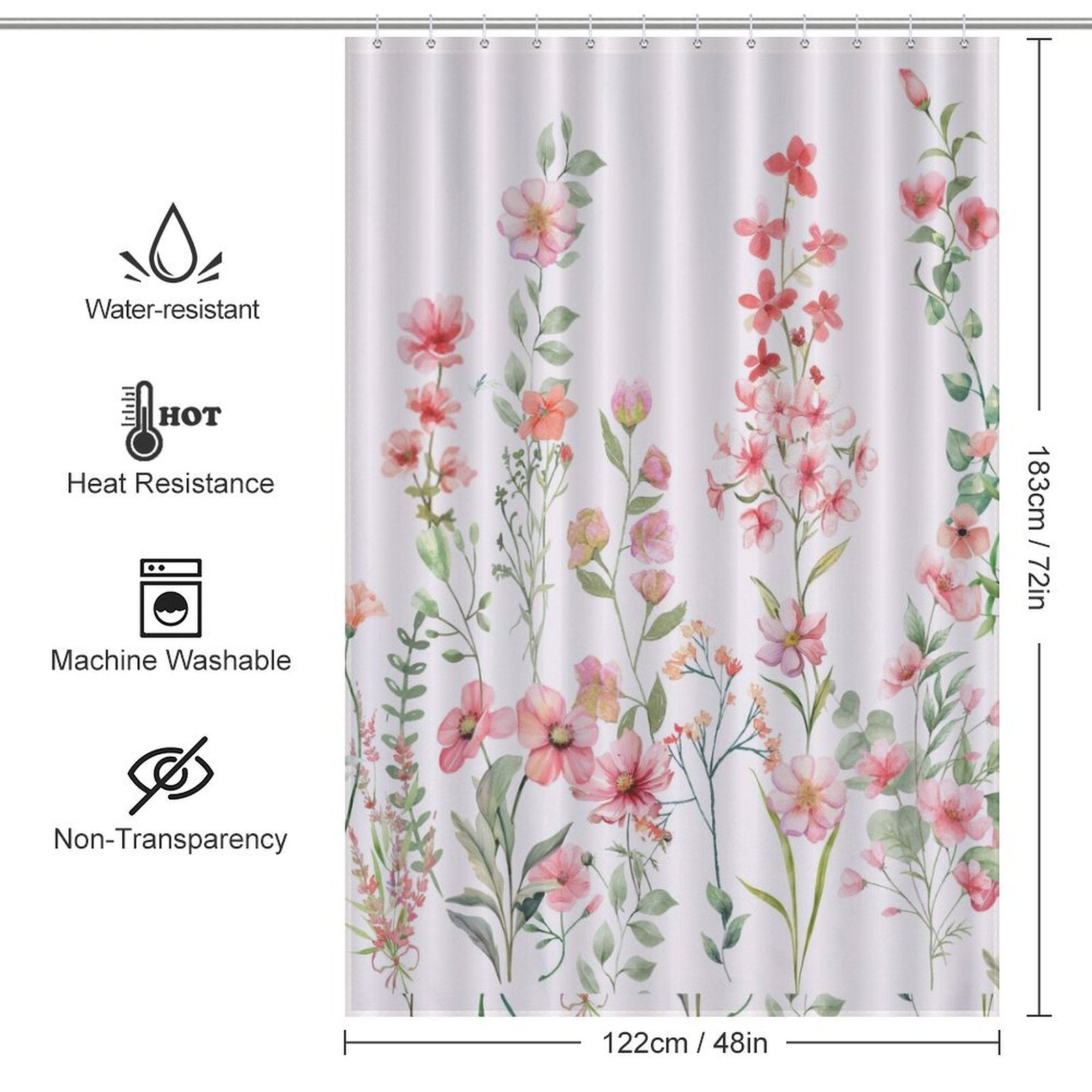 The Rustic Spring Blossom Pink Floral Shower Curtain-Cottoncat by Cotton Cat, measuring 122 cm by 183 cm, boasts a beautiful floral pattern. It is water-resistant, heat-resistant, machine washable, and non-transparent—ideal for adding a touch of elegance to your bathroom decor.