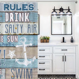 This Beach Rules Anchor Shower Curtain-Cottoncat from Cotton Cat features the words "rules", "swim", and "sun".