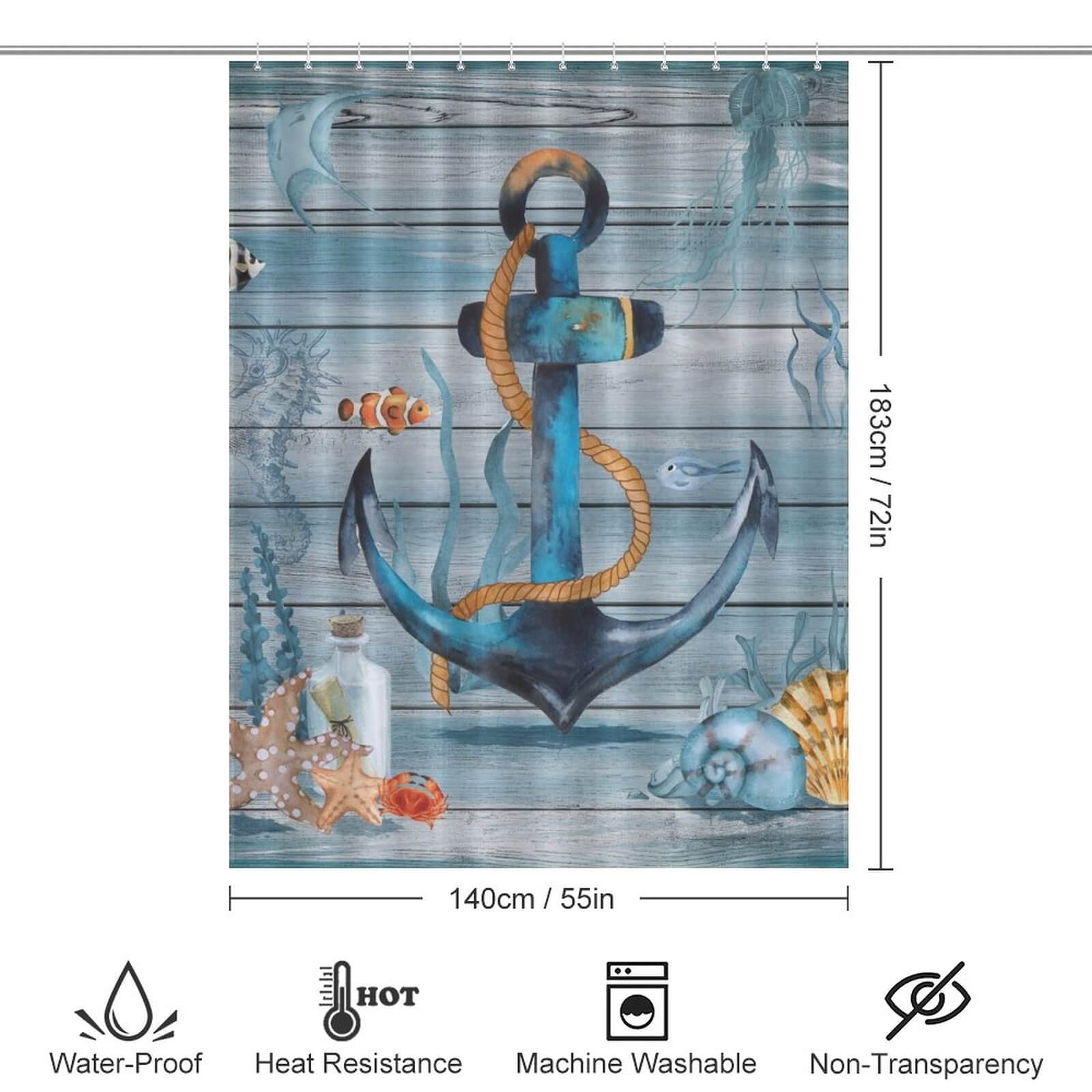 This waterproof polyester Coastal Anchor Shower Curtain-Cottoncat from Cotton Cat features an anchor and sea creatures, perfect for a coastal-themed bathroom.
