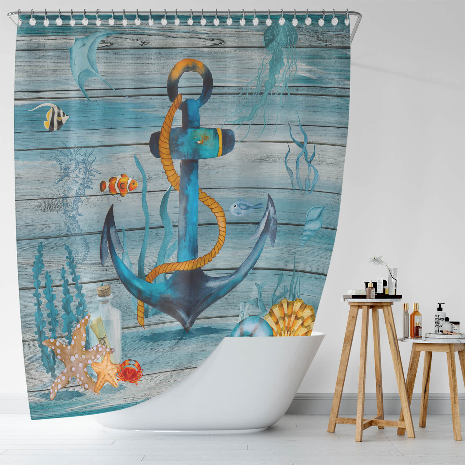 A Coastal Anchor Shower Curtain made by Cotton Cat, with a blue anchor design, and made of waterproof polyester.