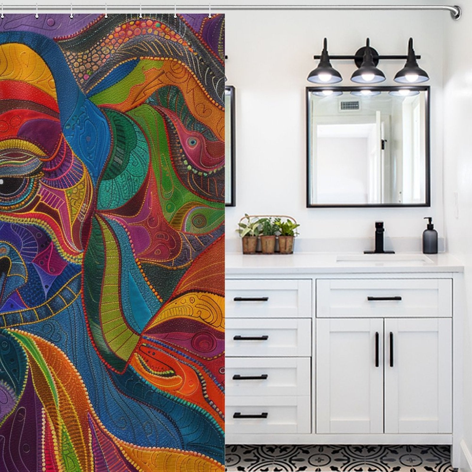 A bathroom with a white vanity and black fixtures is contrasted by a vibrant, Colorful Abstract Elephant Shower Curtain-Cottoncat featuring vivid designs from Cotton Cat.
