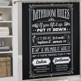 A Cotton Cat Funny Quotes Shower Curtain Back and White Fable Motto featuring humorous bathroom rules and funny quotes, including instructions to put the seat down, replace items, spray air freshener, wipe spills, and proper seating etiquette. Waterproof and mildew-resistant for enduring charm.