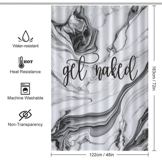 This Funny Letters Black and White Marble Get Naked Shower Curtain-Cottoncat, featuring a black and white marble pattern and the playful words "get naked," stands 183 cm (72 in) tall and 122 cm (48 in) wide. It is water-resistant, heat-resistant, machine washable, and non-transparent.