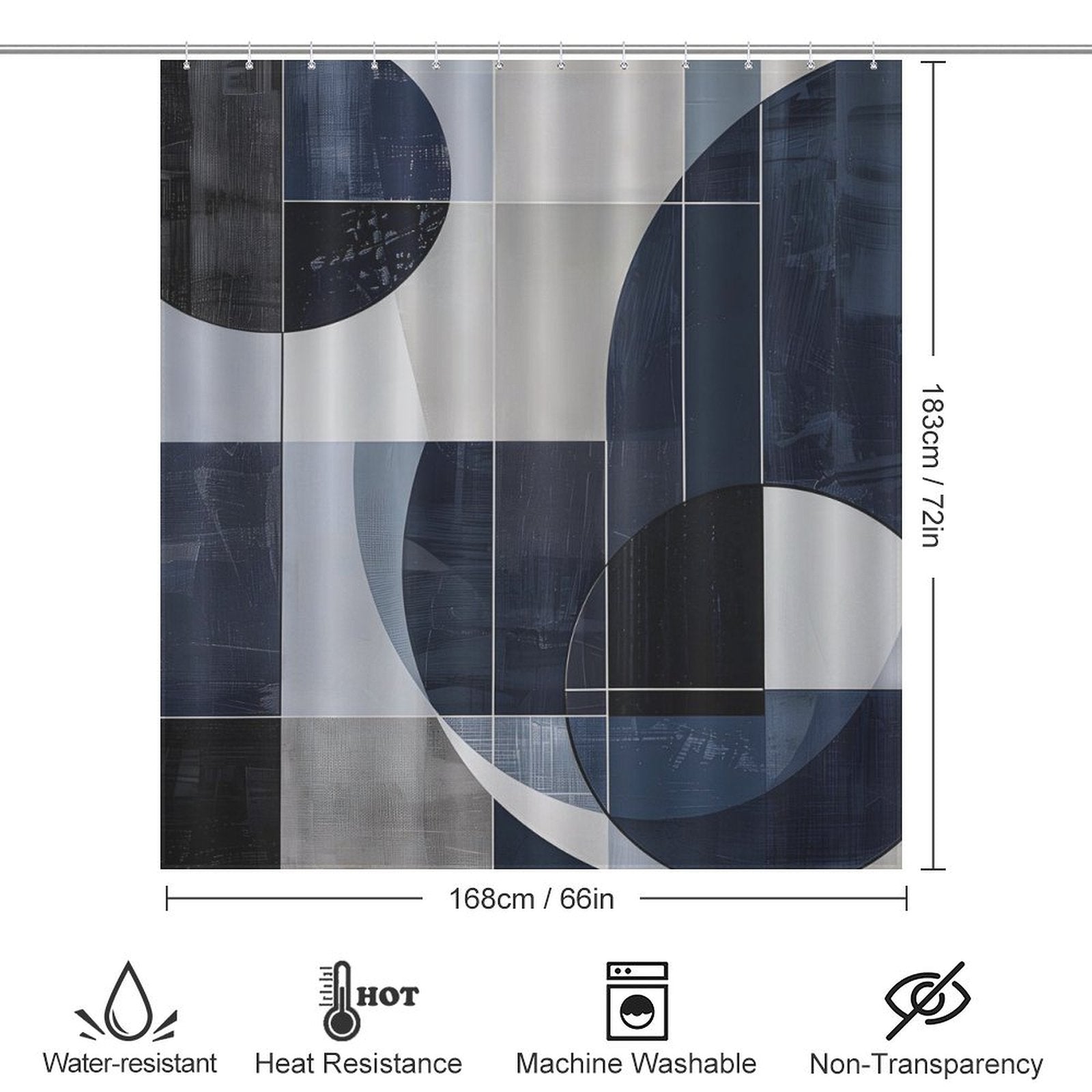 Shower curtain with an abstract geometric design in deep blue and gray tones, inspired by mid-century modern aesthetics. Dimensions: 183 cm (72 in) high, 168 cm (66 in) wide. Features: water-resistant, heat-resistant, machine washable, non-transparent.

Product Name: Geometric Deep Blue Abstract Art Mid-Century Modern Style Shower Curtain-Cottoncat
Brand Name: Cotton Cat