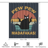 A humorous bathroom decor piece, this Funny Black Crazy Cat with Gun Shower Curtain-Cottoncat features a funny black crazy cat holding guns and text that reads, "Pew Pew Madafakas!" with dimensions 183cm x 152cm. Icons at the bottom indicate water-resistance, heat resistance, and more.