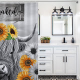 Bathroom with a black and white theme featuring a Highland Cow Black and White Funny Letters Sunflower Get Naked Shower Curtain-Cottoncat by Cotton Cat, and a vanity with dual sinks and mirrors under modern lighting fixtures. The elegant bathroom decor adds a touch of charm to the space.
