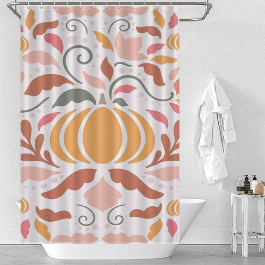 A Boho Fall Pumpkins Pink Floral Shower Curtain-Cottoncat with a decorative pattern of orange, pink, and green shapes hangs in a white bathroom with a towel, bottles, and a bathtub.