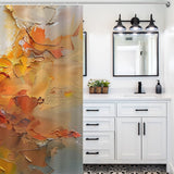 A white and black bathroom features a counter with a double sink, mirrors, and cabinets. The shower has a Burnt Orange Abstract Oil Painting Modern Art Yellow Blue Brushstrokes Shower Curtain-Cottoncat by Cotton Cat.