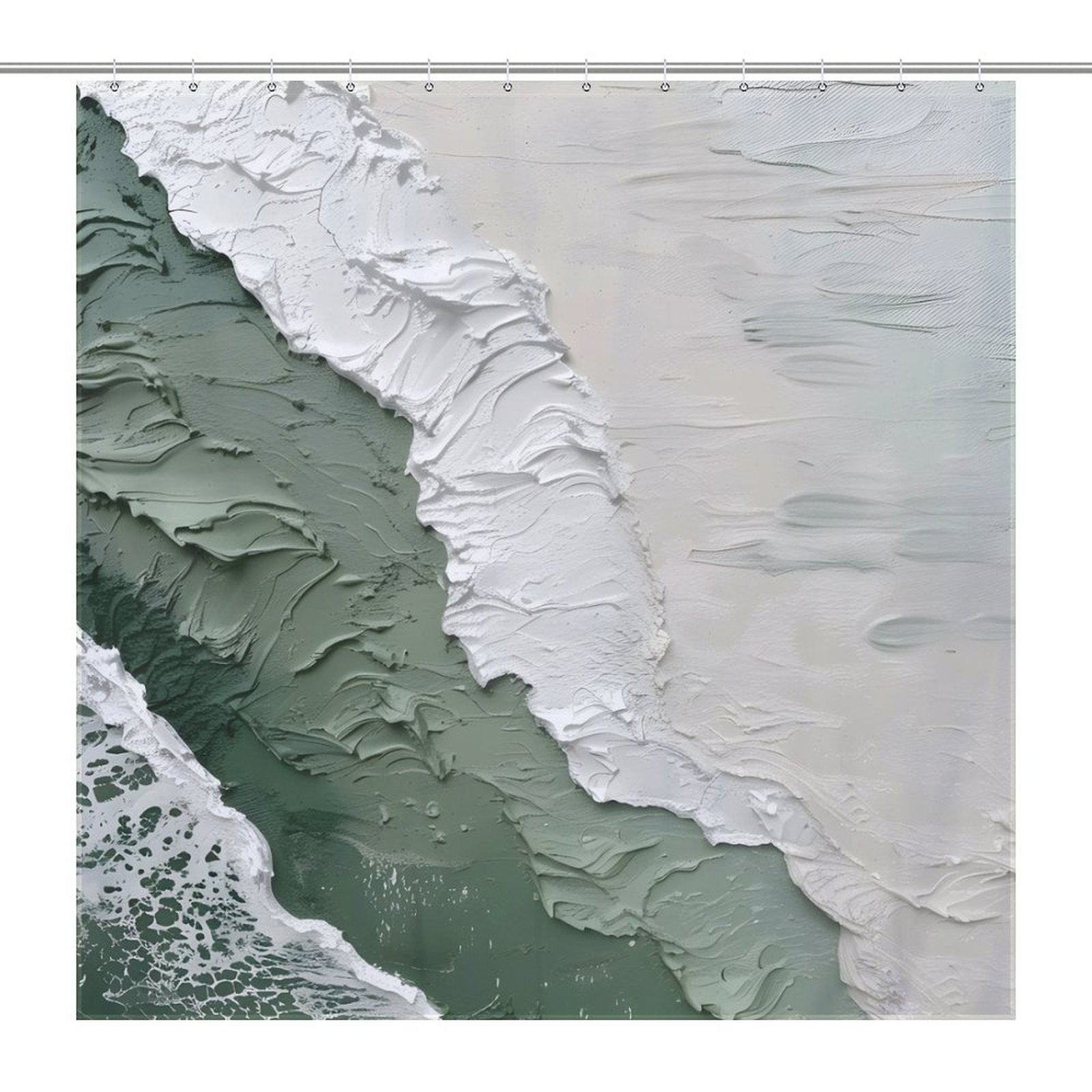 A Cotton Cat Coastal Oil Painting Ocean Sea Green Waves Minimalist Shower Curtain Abstract Beach Shower Curtain-Cottoncat with layered shades of green and white, resembling an aerial view of ocean sea green waves meeting a shoreline.