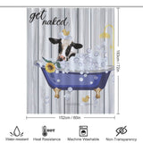 Funny Cow Sunflowers Get Naked Shower Curtain-Cottoncat: A playful shower curtain featuring a cow in a bathtub surrounded by bubbles, sunflowers, and rubber ducks. Text reads "get naked." The curtain measures 152cm x 183cm and is advertised as water-resistant, heat-resistant, and machine washable. Brand Name: Cotton Cat.