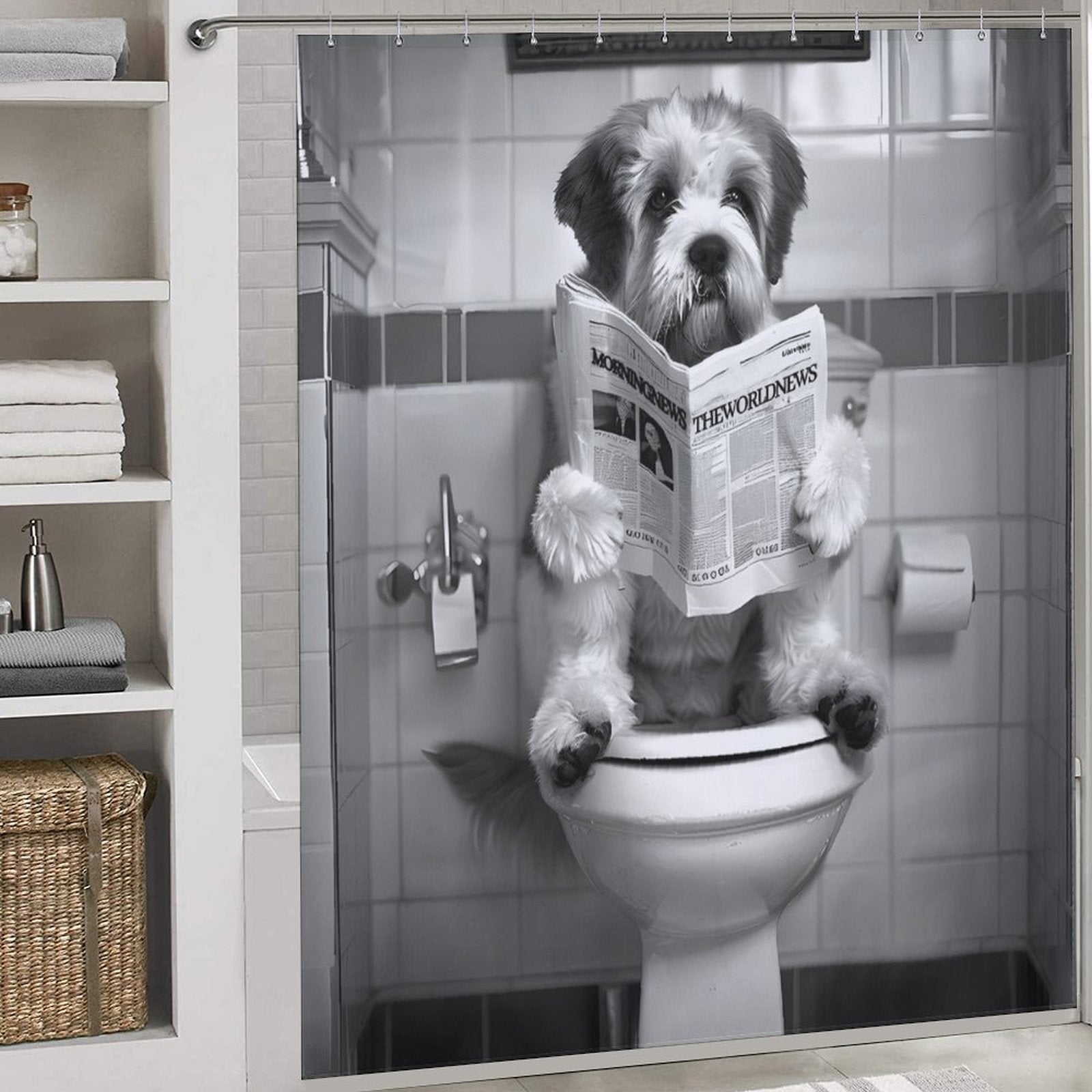 A black and white, waterproof shower curtain depicts a humorous scene: a dog sitting on a toilet reading a newspaper in the bathroom. Shelves with towels and baskets are visible on the left side. This Black and White Funny Read Book Dog Shower Curtain-Cottoncat adds a playful touch to any bathroom decor by Cotton Cat.