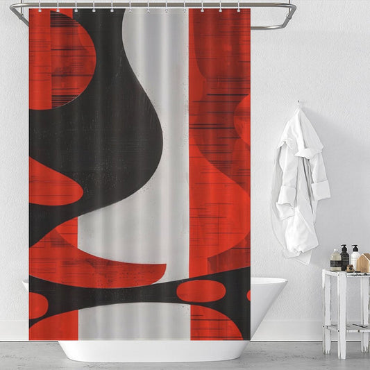 A white bathroom with a Cotton Cat Mid Century Modern Geometric Art Minimalist Grey Red and Black Abstract Shower Curtain. A white robe hangs on the wall, and toiletries are placed on the edge of a white bathtub.