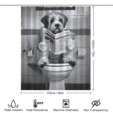 A black and white image of a dog sitting on a toilet and holding a newspaper adorns this humorous shower curtain. With features like water-resistance, heat resistance, machine washability, and non-transparency, this 183cm x 152cm Balck and White Funny Read Book Dog Shower Curtain-Cottoncat by Cotton Cat is both practical and amusing.