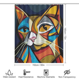 A colorful, abstract geometric-styled cat illustration adorns this Abstract Geometric Vintage Colorful Modern Art Minimalist Mid Century Cat Shower Curtain-Cottoncat by Cotton Cat with dimensions of 183 cm by 152 cm. Icons below indicate it is water-resistant, heat-resistant, machine washable, and non-transparent—a perfect blend of modern art minimalist aesthetics and practicality.