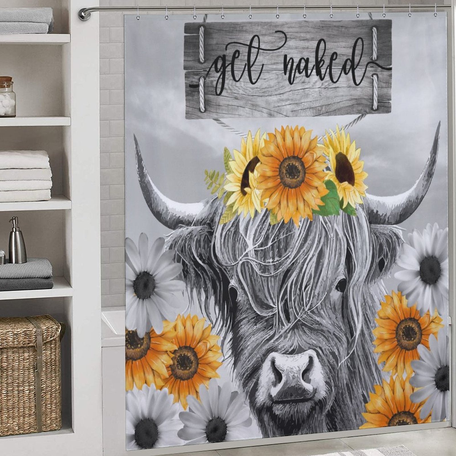 Highland Cow Black and White Funny Letters Sunflower Get Naked Shower Curtain-Cottoncat featuring a charming cow wearing a sunflower crown, surrounded by sunflowers and daisies, with a whimsical sign above reading "get naked." Perfectly combines rustic charm and cheeky humor.