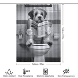 The Balck and White Funny Read Book Dog Shower Curtain-Cottoncat by Cotton Cat features a printed image of a dog sitting on a toilet reading a newspaper. Dimensions are 183cm (72") by 140cm (55"), made from waterproof fabric, heat resistant, machine washable, and non-transparent.