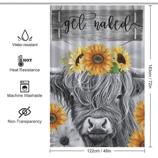 This Highland Cow Black and White Funny Letters Sunflower Get Naked Shower Curtain-Cottoncat, inscribed with "get naked," features sunflower bathroom decor in a fun and playful style. Water-resistant, heat-resistant, non-transparent, and machine washable. Dimensions: 183cm x 122cm.