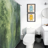 Bathroom with nature-inspired decor, featuring an Olive Green Emerald Green Plant Patterns Abstract Shower Curtain-Cottoncat by Cotton Cat, a white toilet, a round mirror above the sink, and framed artwork of colorful cartoon characters on the wall.