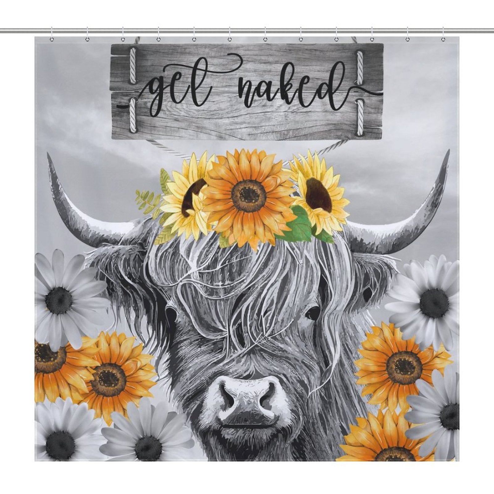 A Highland Cow Black and White Funny Letters Sunflower Get Naked Shower Curtain-Cottoncat featuring a cow with flowers on its head, surrounded by sunflowers and daisies. The text "Get Naked" is displayed at the top for a playful touch.