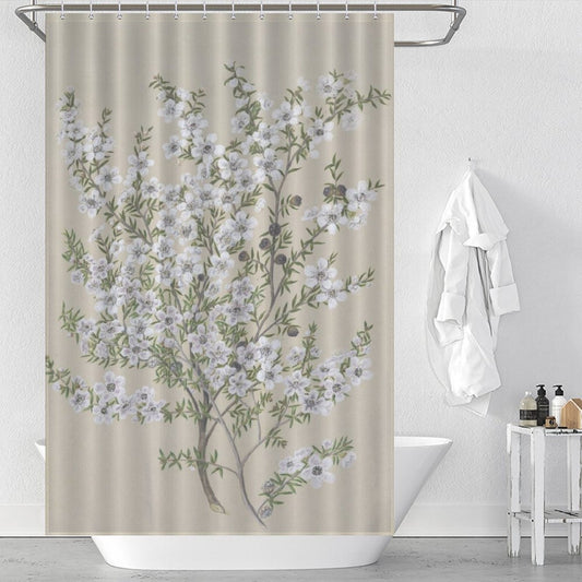 A bathroom with retro floral design featuring a Retro Green Flower Shower Curtain-Cottoncat by Cotton Cat, a hanging white towel, and a bathtub. The scene includes soaps and lotions on a nearby surface.