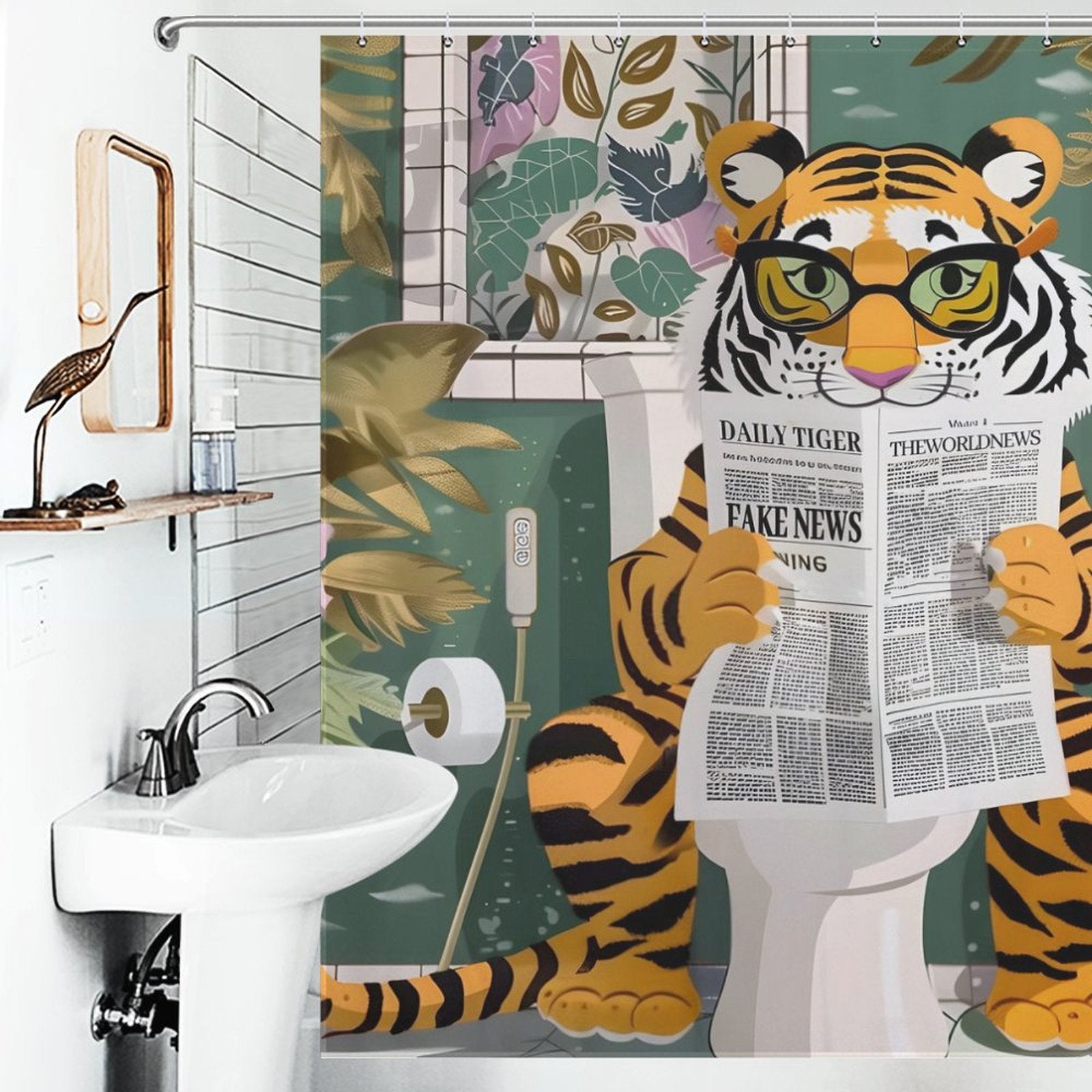 A bathroom with a unique shower curtain depicting a tiger wearing glasses, sitting on a toilet and reading a newspaper labeled "FAKE NEWS." This Funny Cool Tiger Reading Shower Curtain-Cottoncat by Cotton Cat adds quirky charm to the decor, while a sink with a mirror is visible to the left.