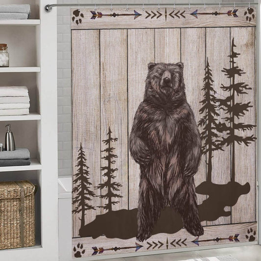 A waterproof Farmhouse Wood Bear shower curtain with a Rustic Brown Bear design made of 100% polyester by Cotton Cat.
