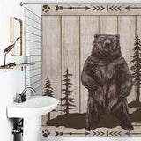 This Farmhouse Wood Bear Shower Curtain by Cotton Cat is made of 100% polyester and features a rustic brown bear and arrows design.