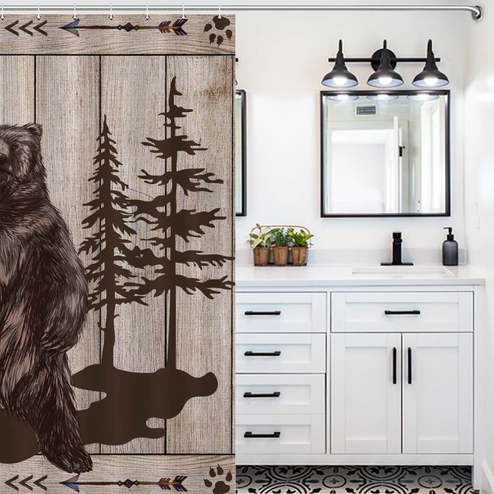 A bathroom with a Farmhouse Wood Bear shower curtain made by Cotton Cat, completely made of 100% polyester.