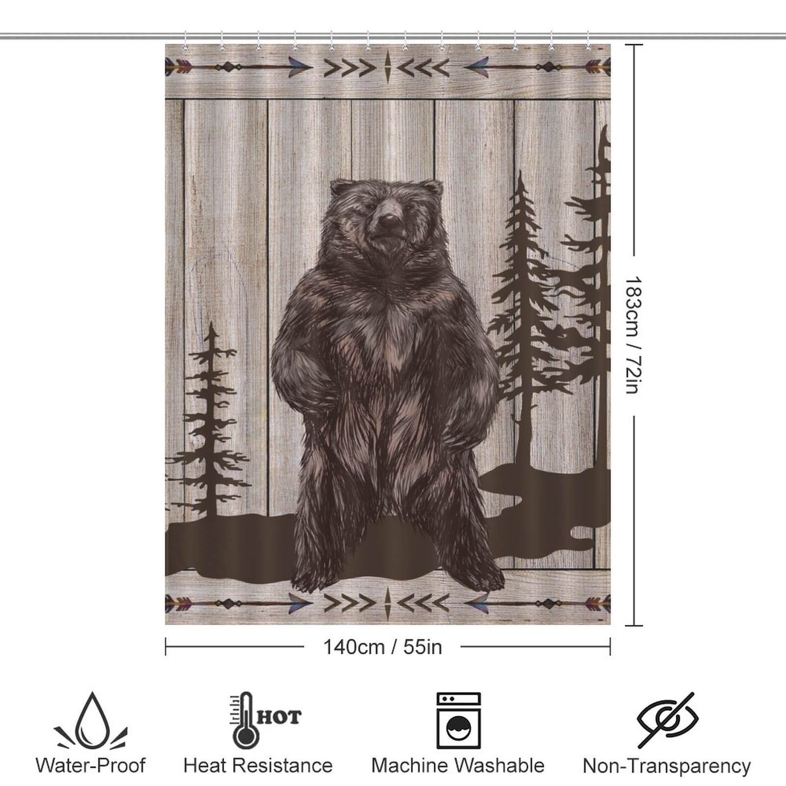 Step into the bathroom and embrace nature with our Farmhouse Wood Bear Shower Curtain by Cotton Cat. Crafted from 100% polyester, this waterproof curtain features a lifelike depiction of a majestic bear.
