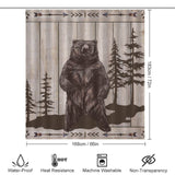 A 100% polyester Farmhouse Wood Bear Shower Curtain-Cottoncat that is waterproof.
