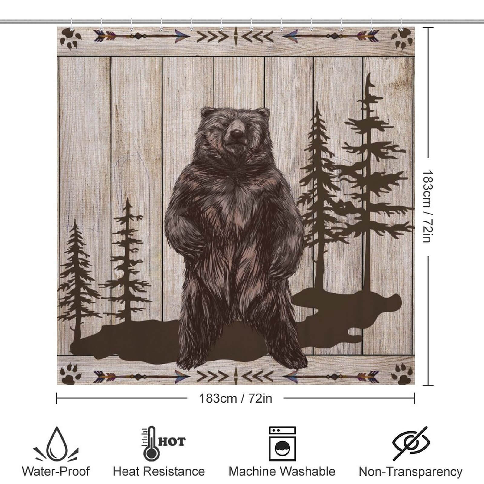 A Farmhouse Wood Bear Shower Curtain featuring an image of a bear in the woods by Cotton Cat.