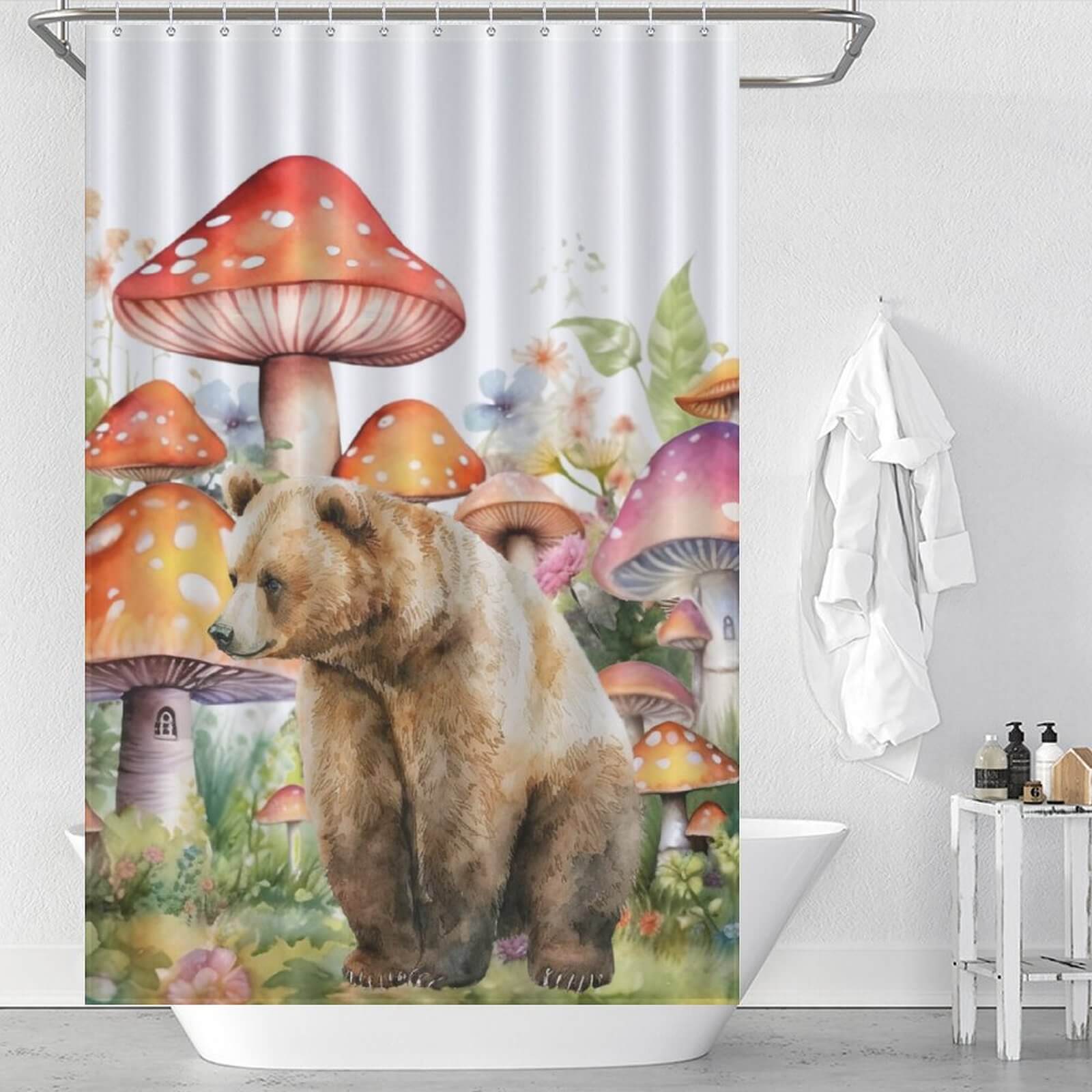 A Watercolor Mushroom Bear Shower Curtain by Cotton Cat, perfect for bathroom decor.
