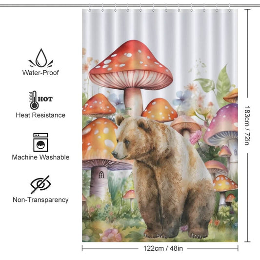 Elevate your bathroom decor with the Watercolor Mushroom Bear Shower Curtain-Cottoncat by Cotton Cat, featuring a charming design of a brown bear and mushrooms.