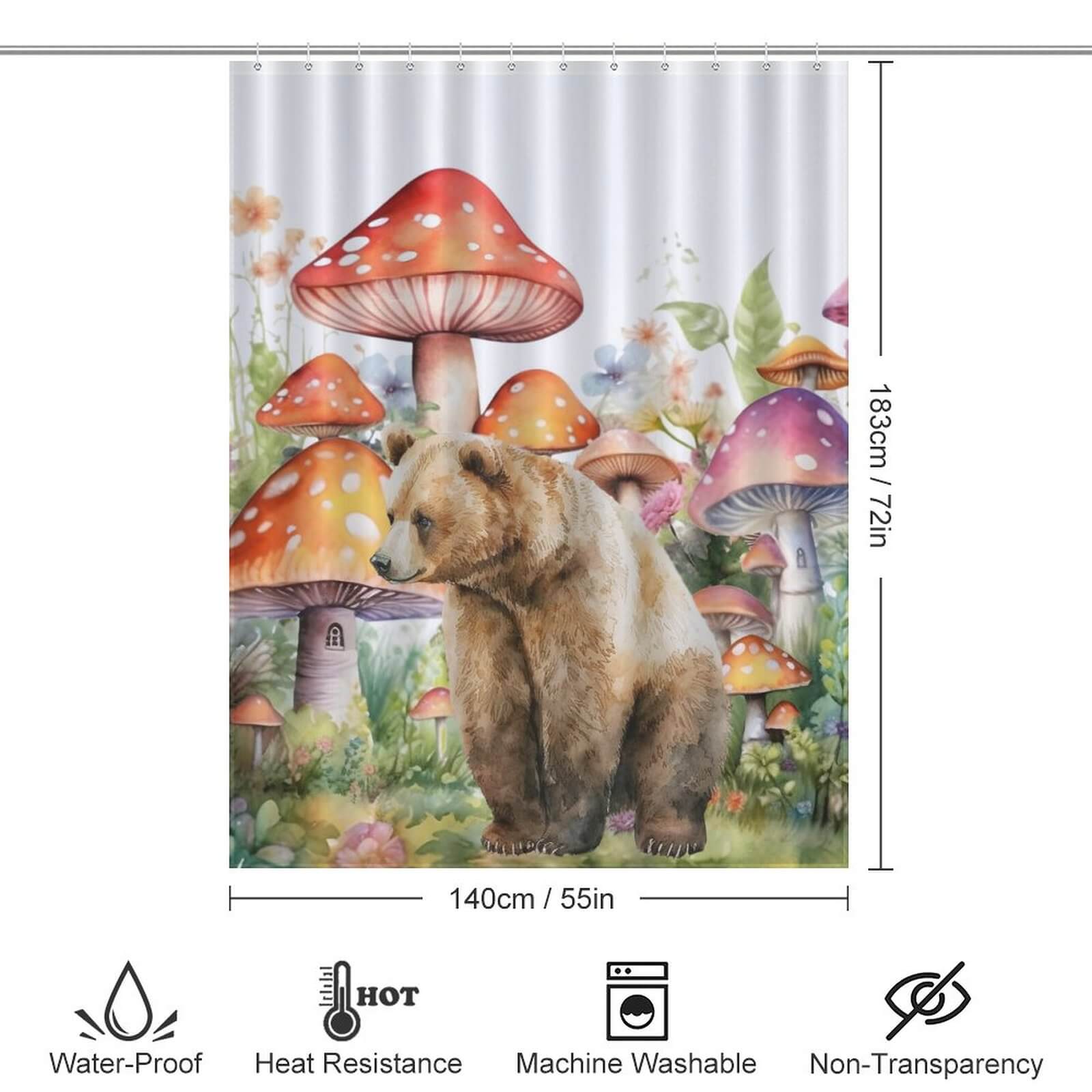 This Watercolor Mushroom Bear Shower Curtain-Cottoncat by Cotton Cat features a playful brown bear and charming mushrooms, making it the perfect addition to your bathroom decor.