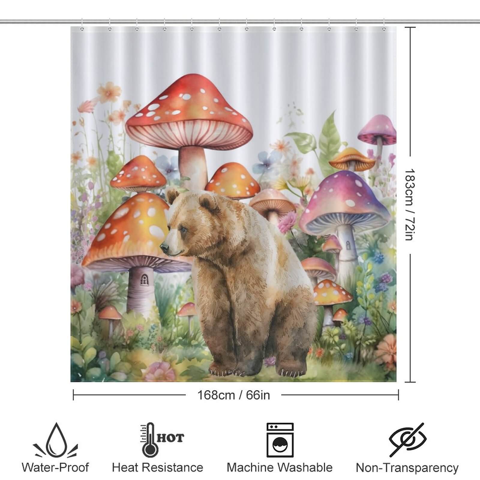 Enhance your bathroom decor with this Watercolor Mushroom Bear Shower Curtain-Cottoncat by Cotton Cat, featuring a brown bear and mushrooms.