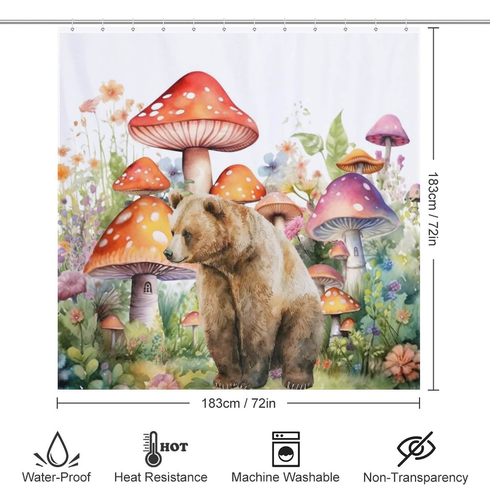 This Watercolor Mushroom Bear Shower Curtain from Cotton Cat features a charming brown bear and whimsical mushrooms, making it the perfect addition to your bathroom decor.
