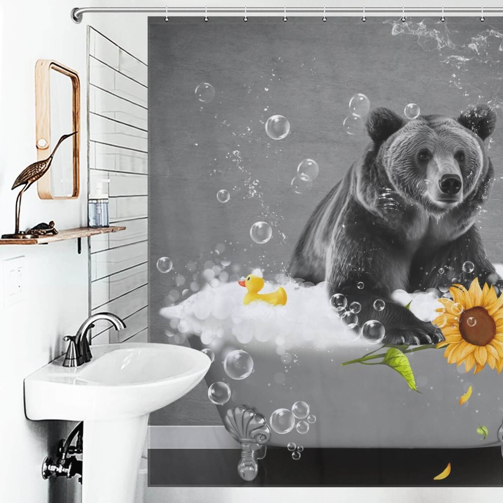 A bathroom adorned with a Funny Sunflower Bear Shower Curtain from Cotton Cat, adding stylish flair to its waterproof and trendy bathroom décor.