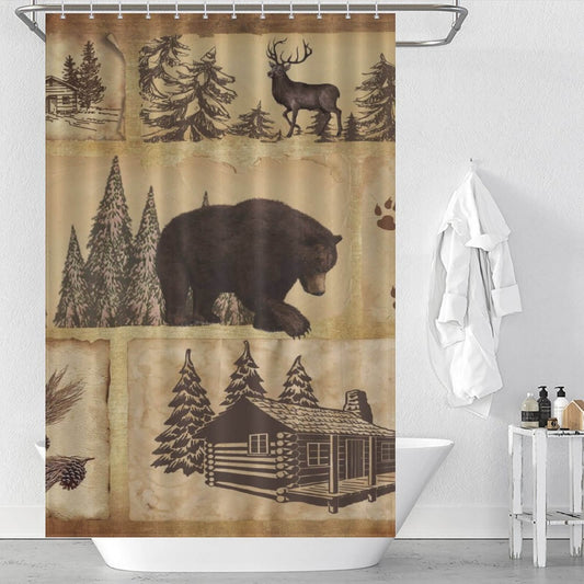 A rustic Farmhouse Bear shower curtain adorned with bears, trees, and cabins by Cotton Cat.