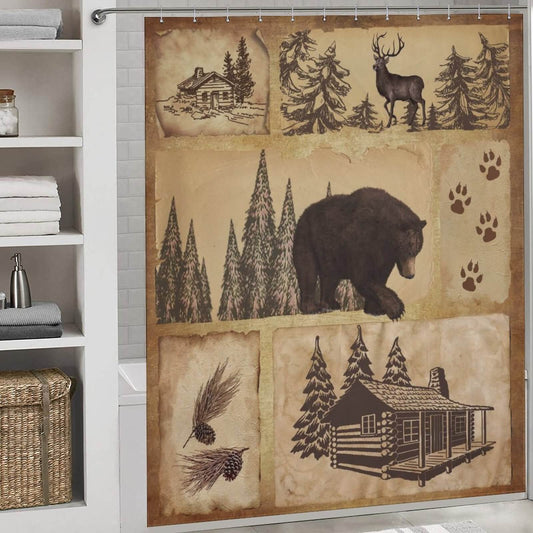 A Farmhouse Bear Shower Curtain by Cotton Cat featuring cabins and wildlife.