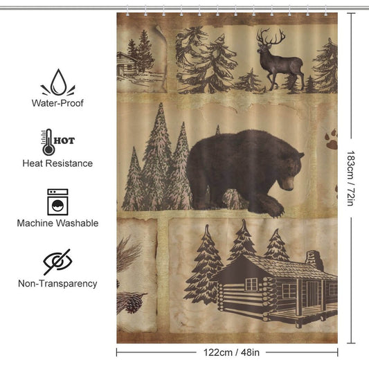 A Farmhouse Bear Shower Curtain featuring bears and cabins by Cotton Cat.