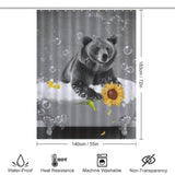 A Cotton Cat Funny Sunflower Bear Shower Curtain surrounded by shower curtain bathroom décor is placed in a waterproof bathtub with sunflowers and bubbles.