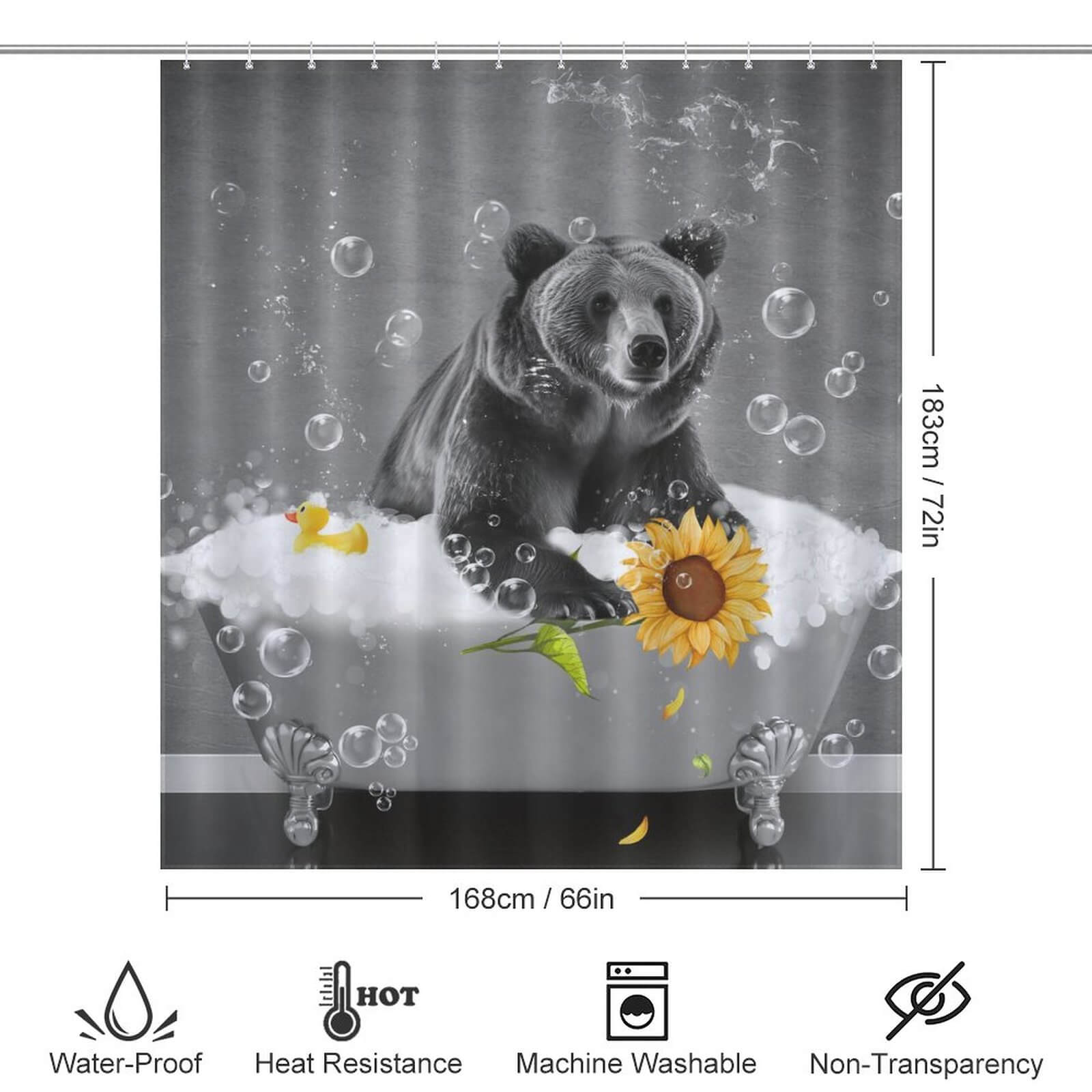 A Funny Sunflower Bear Shower Curtain by Cotton Cat, perfect for bathroom décor with bubbles and sunflowers.
