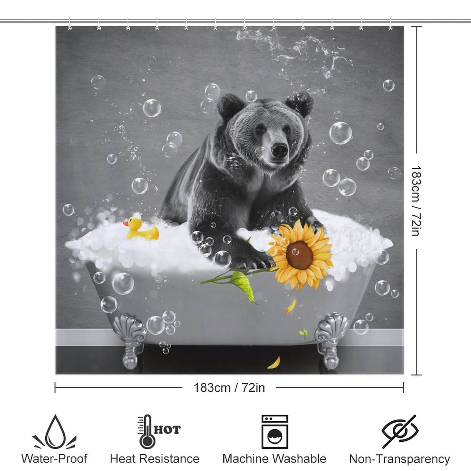 A Funny Sunflower Bear Shower Curtain-Cottoncat, inspired by bears and waterproof, featuring a delightful scene of a bear bathing in a tub surrounded by sunflowers and bubbles, perfect as a bathroom décor.