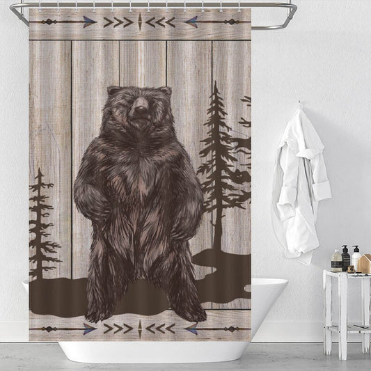 This Farmhouse Wood Bear Shower Curtain from Cotton Cat is made of 100% polyester and is waterproof.