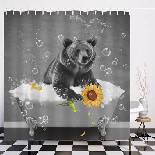 Add a touch of whimsy to your bathroom décor with this Funny Sunflower Bear Shower Curtain-Cottoncat by Cotton Cat, featuring a bear in a bathtub surrounded by sunflowers and bubbles.