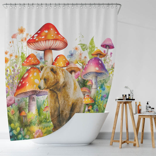 Add some fun and whimsy to your bathroom decor with the Watercolor Mushroom Bear Shower Curtain-Cottoncat by Cotton Cat featuring a playful bear and an enchanting array of mushrooms.
