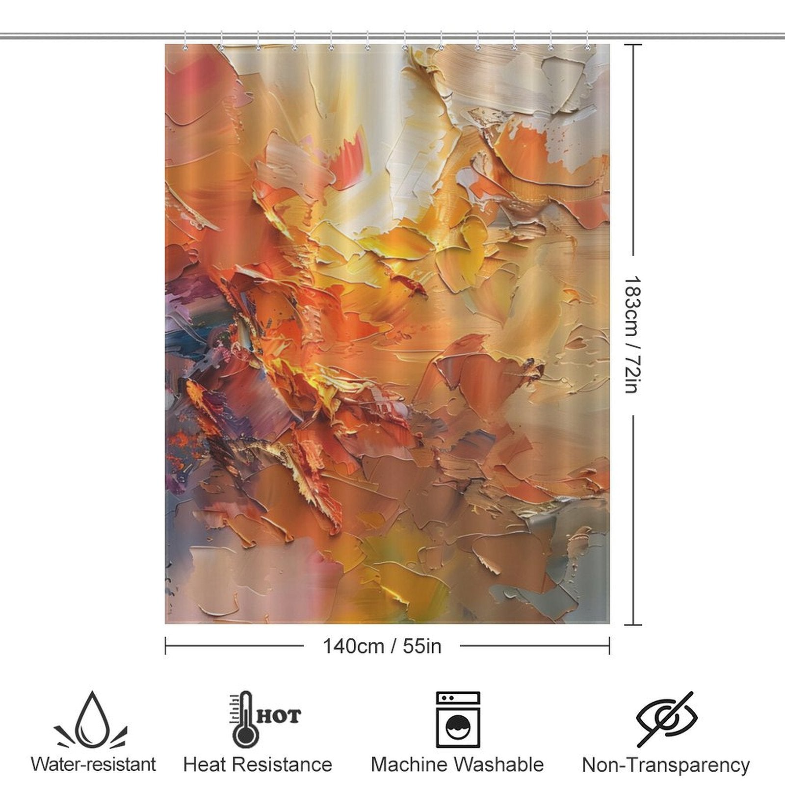 Cotton Cat Burnt Orange Abstract Oil Painting Modern Art Yellow Blue Brushstrokes Shower Curtain measuring 183 cm by 140 cm. Features include water resistance, heat resistance, machine washability, and non-transparency.