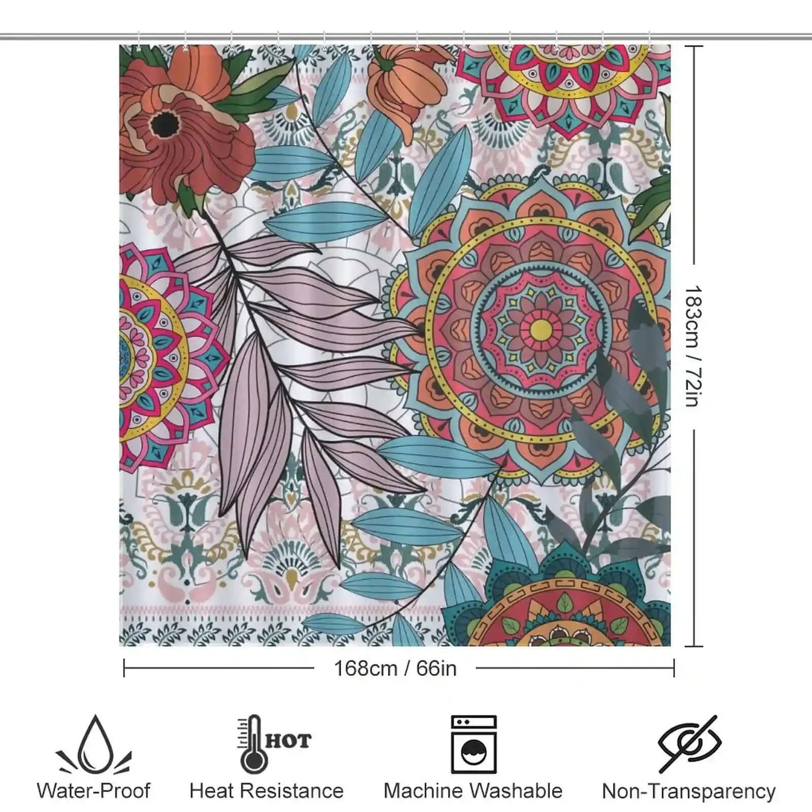 A waterproof Bohemian Mandala shower curtain in boho style, complete with measurements from Cotton Cat.